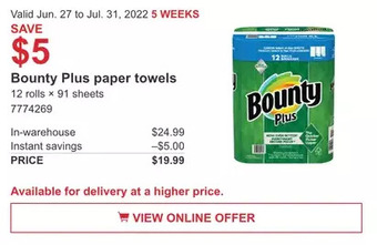 Costco Bounty Plus paper towels offer