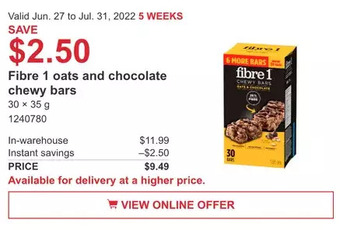 Costco Fibre 1 oats and chocolate chewy bars offer