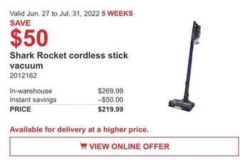 Costco Shark Rocket cordless stick vacuum offer