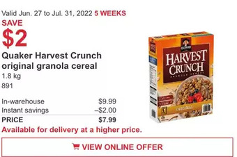 Costco Quaker Harvest Crunch original granola cereal offer