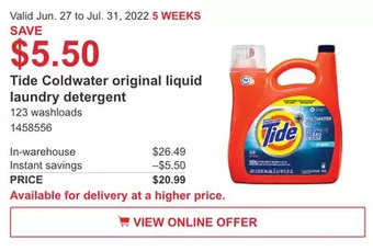 Costco Tide Coldwater original liquid laundry detergent offer