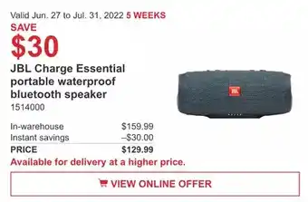 Costco JBL Charge Essential portable waterproof bluetooth speaker offer