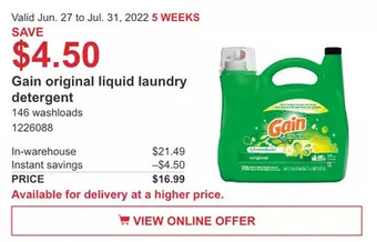 Costco Gain original liquid laundry detergent offer