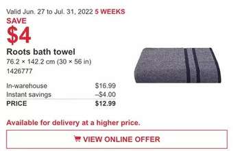 Costco Roots bath towel offer