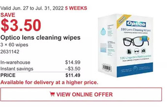 Costco Optico lens cleaning wipes offer