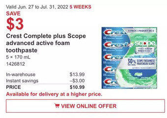 Costco Crest Complete plus Scope advanced active foam toothpaste offer