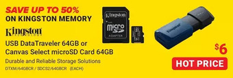 Visions Electronics Kingston USB DataTraveler 64GB or Canvas Select Microsd Card 64GB offer