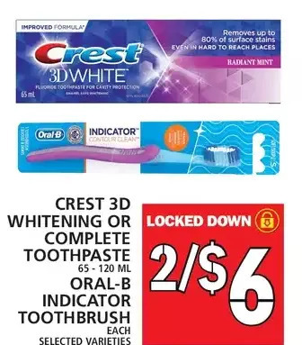 Food Basics Crest 3D Whitening or Complete Toothpaste | Oral-B Indicator Toothbrush offer