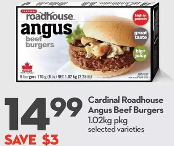 Longo's Cardinal Roadhouse Angus Beef Burgers offer