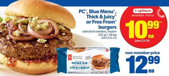Real Canadian Superstore PC, Blue Menu, Thick & Juicy or Free From Burgers offer