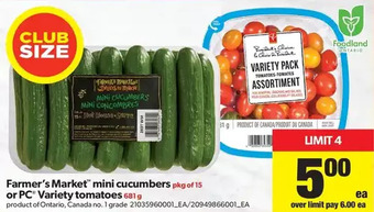 Real Canadian Superstore Farmer's Market Mini Cucumbers or PC Variety Tomatoes offer
