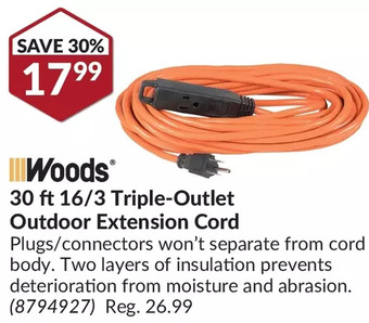 Princess Auto Woods 30 ft 16/3 Triple-Outlet Outdoor Extension Cord offer