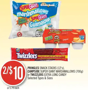 Shoppers Drug Mart Pringles Snack Stacks, Campside Super Giant Marshmallows or Twizzlers Extra Long Candy offer