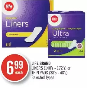 Shoppers Drug Mart Life Brand Liners or Thin Pads offer