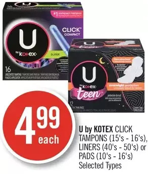 Shoppers Drug Mart U by Kotex Click Tampons, Liners or Pads offer