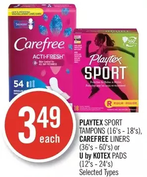 Shoppers Drug Mart Playtex Sport Tampons, Carefree Liners or U by Kotex Pads offer