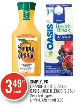 Shoppers Drug Mart Simply, PC Orange Juice or Oasis Juice Blends offer