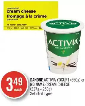 Shoppers Drug Mart Danone Activia Yogurt or No Name Cream Cheese offer