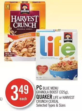 Shoppers Drug Mart PC Blue Menu Granola Boost, Quaker Life or Harvest Crunch Cereal offer