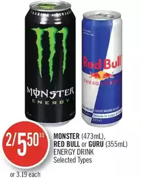 Shoppers Drug Mart Monster, Red Bull or Guru Energy Drink offer