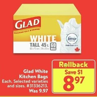 Walmart Glad White Kitchen Bags offer