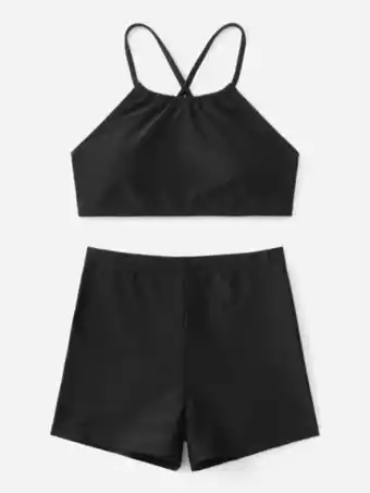 SheIn Girls solid cross back shorts bikini swimsuit offer