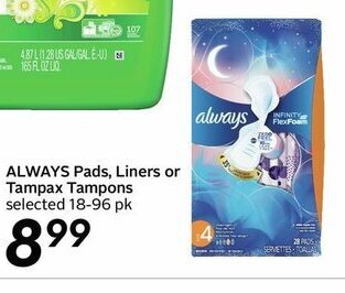 Sobeys Always Pads, Liners or Tampax Tampons offer