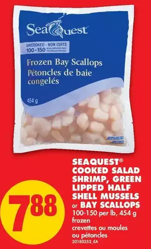 No Frills Seaquest Cooked Salad Shrimp, Green Lipped Half Shell Mussels or Bay Scallops offer