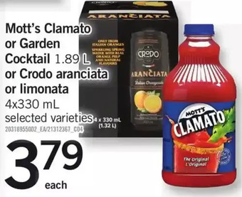 Fortinos Mott's Clamato or Garden Cocktail or Crodo Aranciata or Limonata offer