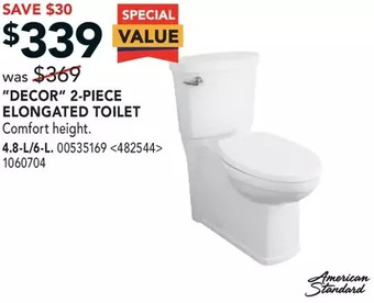 Lowe's American Standard "Decor" 2-Piece Elongated Toilet offer