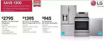Lowe's LG 28 Cu. Ft. French Door Refrigerator | 6.3 Cu. Ft. Instaview Electric Range with Air Fry | TrueSteam Bar Handle Dishwasher offer
