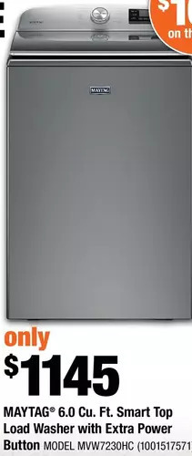 Home Depot Maytag 6.0 Cu. Ft. Smart Top Load Washer with Extra Power Button offer