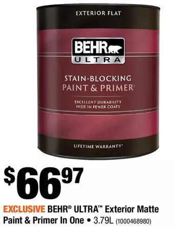 Home Depot Behr Ultra Exterior Matte Paint & Primer in One offer