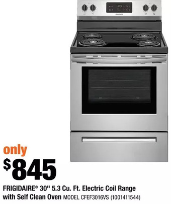 Home Depot Frigidaire 30" 5.3 Cu. Ft. Electric Coil Range with Self Clean Oven offer