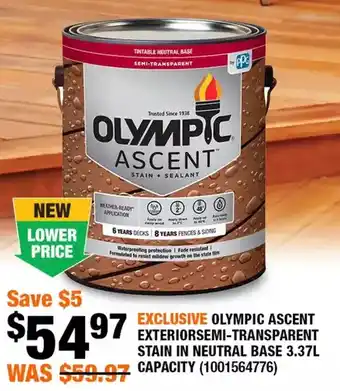 Home Depot Olympic Ascent Exterior Semi-Transparent Stain in Neutral Base 3.37L Capacity offer