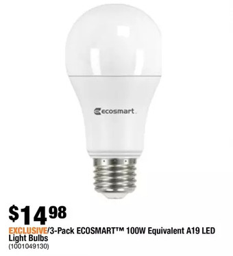 Home Depot 3-Pack Ecosmart 100W Equivalent A19 LED Light Bulbs offer