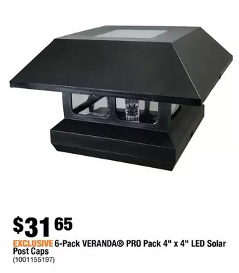 Home Depot 6-Pack Veranda Pro Pack 4" X 4" LED Solar Post Caps offer