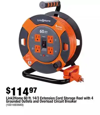 Home Depot Link2Home 60 Ft. 14/3 Extension Cord Storage Reel with 4 Grounded Outlets and Overload Circuit Breaker offer