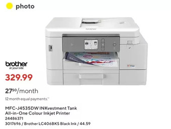 Staples Brother MFC-J4535Dw Inkvestment Tank All-in-One Colour Inkjet Printer offer