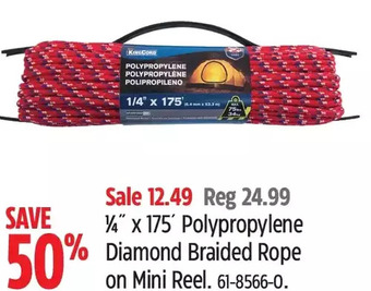 Canadian Tire 1/4'' X 175' Polypropylene Diamond Braided Rope on Mini Reel offer
