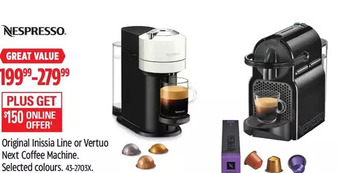 Canadian Tire Nespresso Original Inissia Line or Vertuo Next Coffee Machine offer