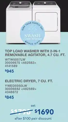 Lowe's Top Load Washer with 2-in-1 Removable Agitator, 4.7 Cu. Ft. | Electric Dryer, 7 Cu. Ft. offer