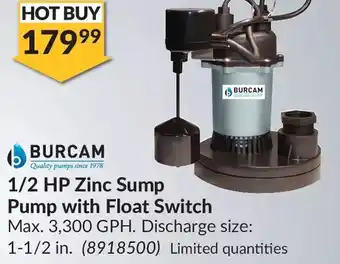 Princess Auto Burcam 1/2 HP Zinc Sump Pump with Float Switch offer
