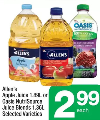 Highland Farms Allen's Apple Juice or Oasis Nutrisource Juice Blends offer