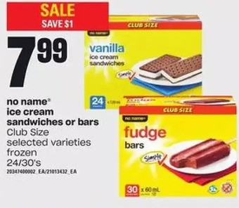 Loblaws No Name Ice Cream Sandwiches or Bars offer