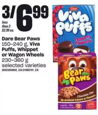 Loblaws Dare Bear Paws, Viva Puffs, Whippet or Wagon Wheels offer