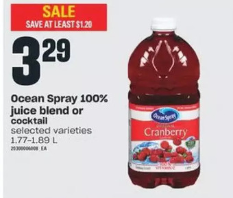Valu-mart Ocean Spray 100% Juice Blend or Cocktail offer