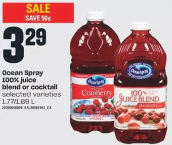 Independent Grocer Ocean Spray 100% Juice Blend or Cocktail offer