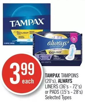 Shoppers Drug Mart Tampax Tampons, Always Liners or Pads offer