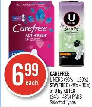 Shoppers Drug Mart Carefree Liners, Stayfree or U by Kotex Pads offer